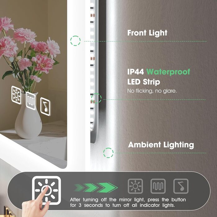 Дзеркало для ванної кімнати S'bagno з підсвічуванням 80x60 см, Bluetooth, 5x збільшення, протитуманне покриття, 3 кольори, регулювання яскравості, пам'ять налаштувань, загартоване скло, IP44 вологостійкість, горизонтальне/вертикальне встановлення