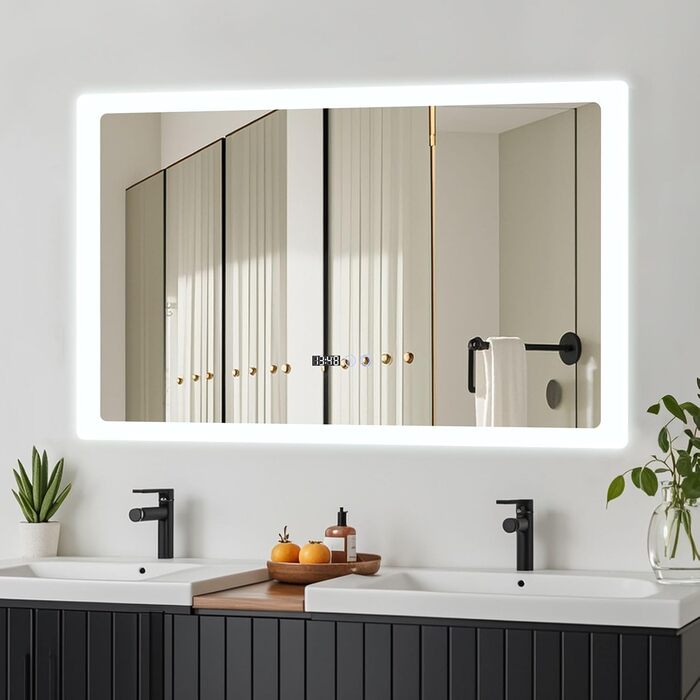 Дзеркало для ванної кімнати YOURLITE з LED-підсвічуванням 100x60 см, сенсорне управління, годинник, антизапотівання, 3 кольори світла, регулювання яскравості, функція пам'яті, білий - 60100