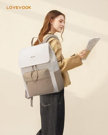 LOVEVOOK Рюкзак для жінок, 15.6 дюймів, рюкзак для школи, підлітки, водонепроникний, дівчатка, легкий, з відділенням для ноутбука, для подорожей, університету, роботи (17.3 дюйма, Бежевий+хакі)