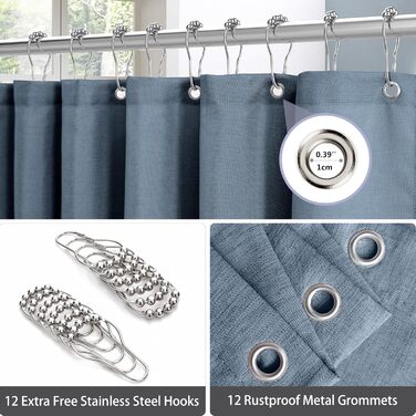 Штора для душу з льону з металевими кільцями, 182x182 см, Marineblau (темно-синій)