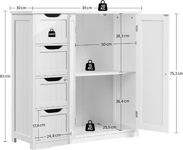 Шафа для ванної кімнати Yaheetech з 4 висувними ящиками та 2 дверцятами, тумбочка для ванної кімнати, шафа для підлоги, з регульованою полицею, для ванної кімнати, вітальні, коридору, кухні, білий, 81 × 30 × 83 см