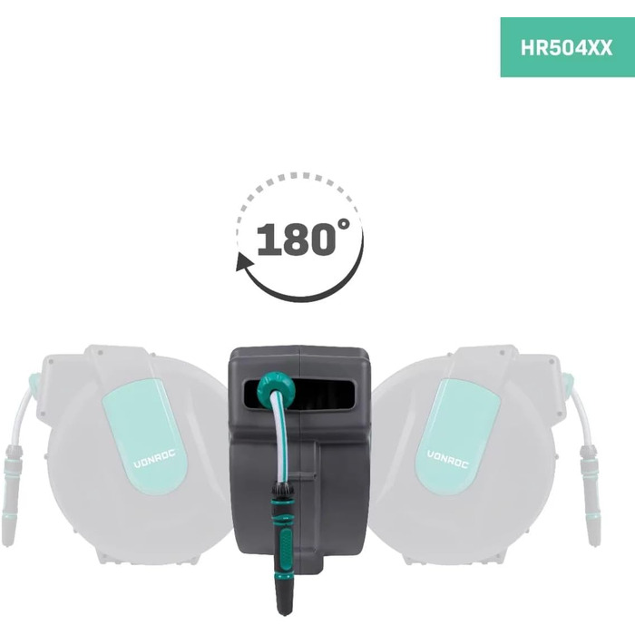 Шланг садовий VONROC 35 метрів з автоматичним згортанням та тримачем для стіни - Шланг на котушці, 180° поворот, зелений