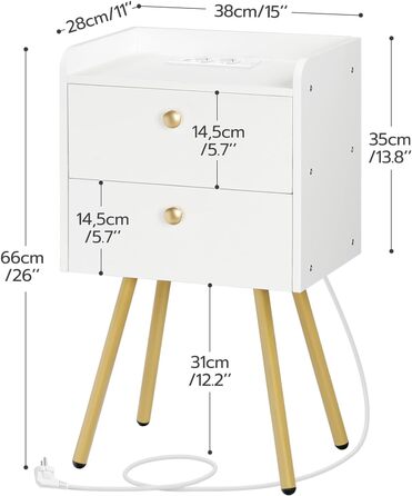 Приліжкова тумбочка HOOBRO із зарядною станцією, 2 відкидні ящики, відкрита полиця, 28x38x66, білий і золотий