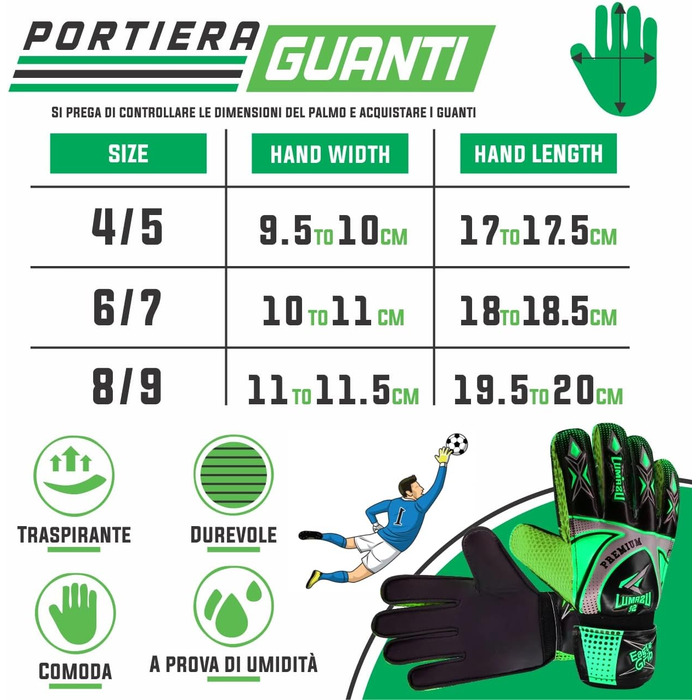 Футбольні воротарські рукавички преміум-класу з ручкою для дітей, хлопчиків і дівчаток з амортизуючою прокладкою для захисту долонь і пальців, футбольні воротарські рукавички для дорослих 8/9 зеленого кольору