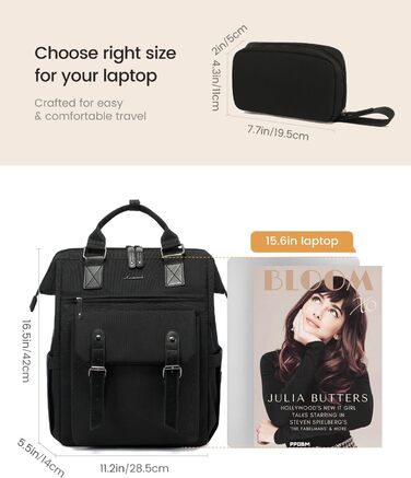 LOVEVOOK Рюкзак жіночий, чорний, 15.6 дюймів, водонепроникний, для школи, університету, роботи, подорожей, з USB-кабелем