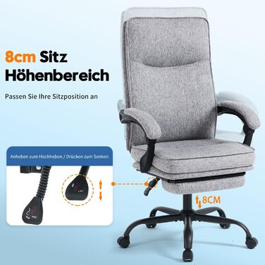 Ергономічне крісло для офісу: офісне крісло, крісло для начальника, комп'ютерне крісло з підніжкою та регульованою спинкою 90-135° для дому/офісу, сіре, тканина, 150 кг