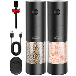 Електричні млини для солі та перцю Sangcon, 2 швидкості, перезаряджувані, 6 ступенів помелу, автоматичний набір з док-станцією, зручне використання (чорний)
