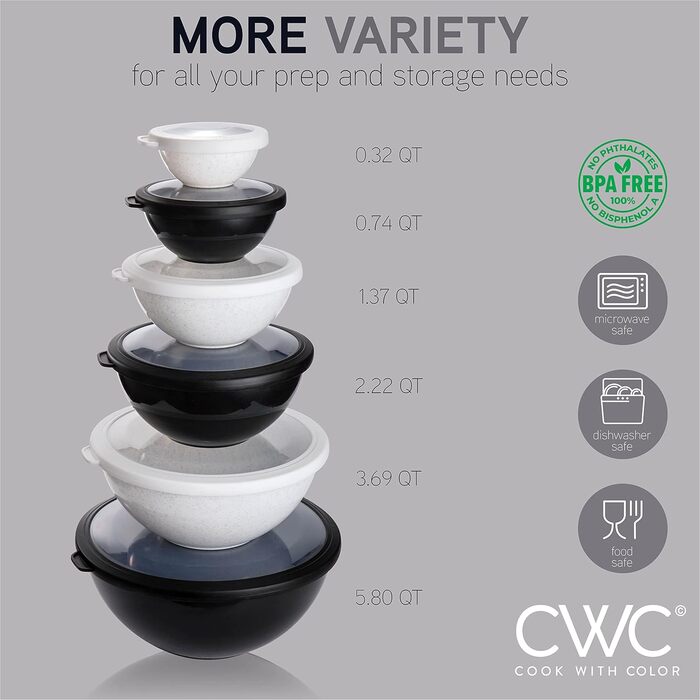Набір мисок для приготування їжі Cook With Color (12 шт.) з кришками TPR – чорний та білий