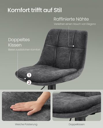 Барні стільці VASAGLE 2 шт., регульована висота, обертаються, зі спинкою та підніжкою, для кухні, їдальні, бару, сталеві, сіро-кам'яні, LJB195G02