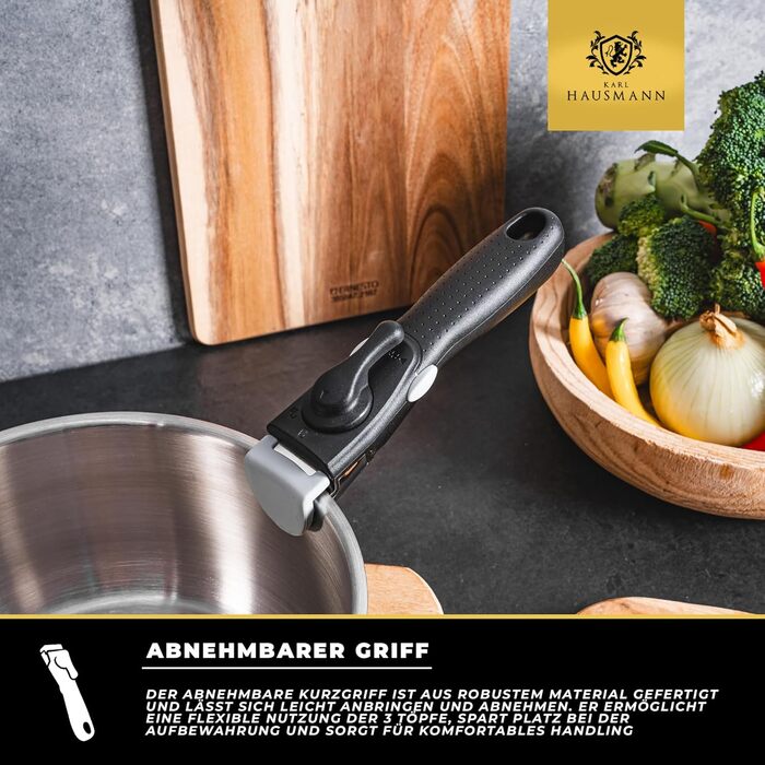 Набір каструль з знімними ручками (3 шт.) - нержавіюча сталь з покриттям - для всіх типів плит