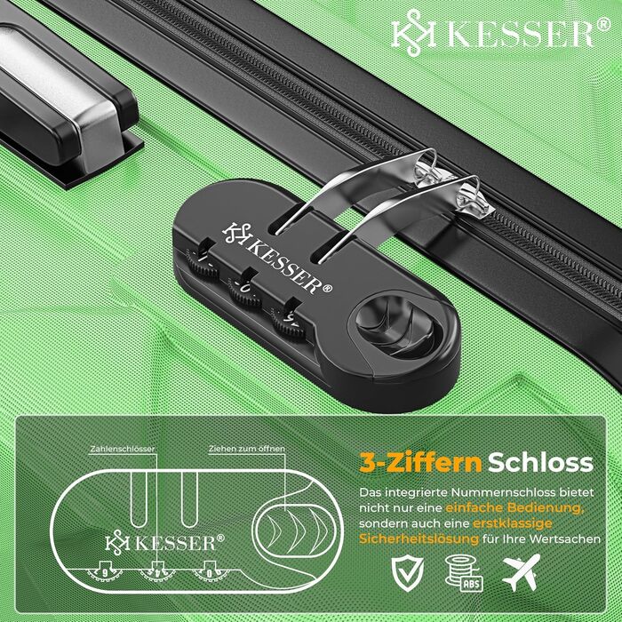 Набір валіз KESSER® 3 шт. | ABS валізи з кодовим замком, ваговою шалькою та органайзером для документів, 360° колеса | Ручна поклажа та великі валізи для подорожей та бізнесу (Apple Green)