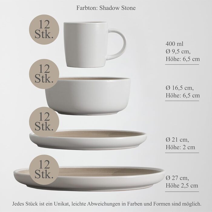 Набір посуду Hausfelder на 8 осіб (32 елементи) з каменю – сервіз для обіднього столу з тарілками, салатниками та чашками – миється в посудомийній машині, сучасний посуд, бежевий (Shadow Stone, 48 елементів)