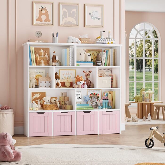 Дитяча полиця FOREHILL з коробками на колесах, 4 яруси, меблі для дитячої кімнати, іграшковий та книжковий стеллаж, рожевий, 125.5x33x118 см