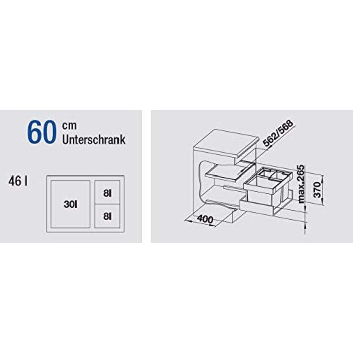 Сміттєва система для поділу відходів на кухні, з 3 сміттєвими баками (30 л / 2 х 8 л), для установки в шухляді нижнього шафи об'ємом 60 см 521473 3 відра (1 відро XL) Нижній шафа чорного кольору 60 см, 60/3