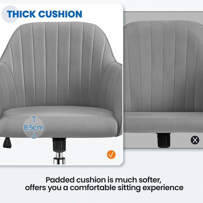 Крісло Yaheetech для дому та офісу: обертове, регульоване по висоті, з м'якою оксамитовою оббивкою, до 136 кг, сірий колір