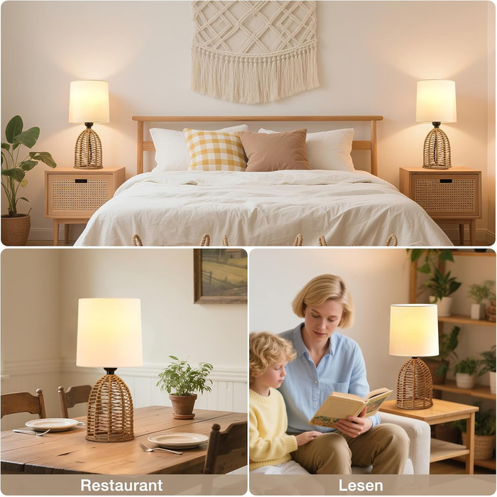 Настільна лампа GyroVu 2 шт. з ротангу, Бохо стиль, цоколь E27, для спальні, вітальні, нічний столик, читання, рустикальний дизайн