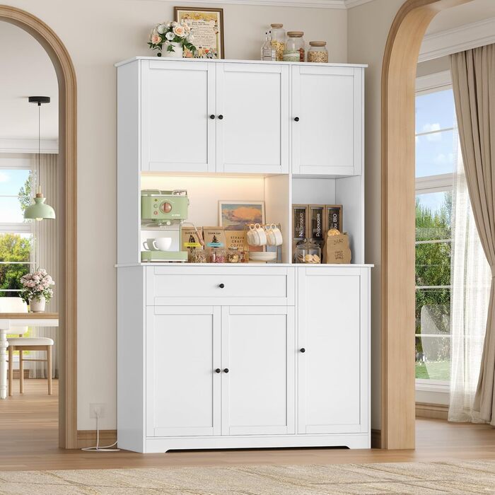 Кухонна шафа FirFurd 180 см з LED-підсвічуванням, буфет, sideboard з розеткою, стільниця, вітрина для 12 пляшок вина, білий колір, 180x100x39 см