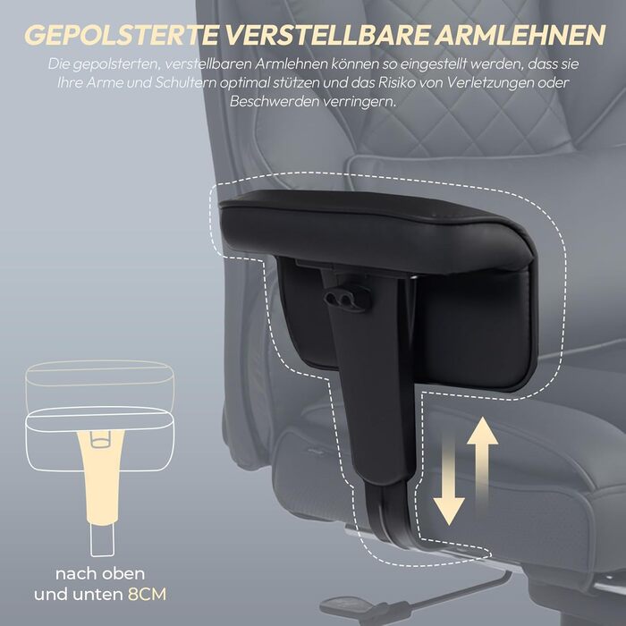 Ігровий крісло Dowinx, ергономічне з кишеньковим пружинним сидінням, крісло для начальника з м'якою спинкою та регульованою поперековою підтримкою, підлокітниками та підставкою для ніг (PU-чорний), чорний PU