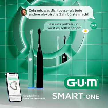 Електрична зубна щітка GUM SMART ONE з контролем швидкості, таймером, 4 режимами чищення, акумулятором до 6 тижнів та додатковими насадками (3 шт) м'ятно-зеленого кольору