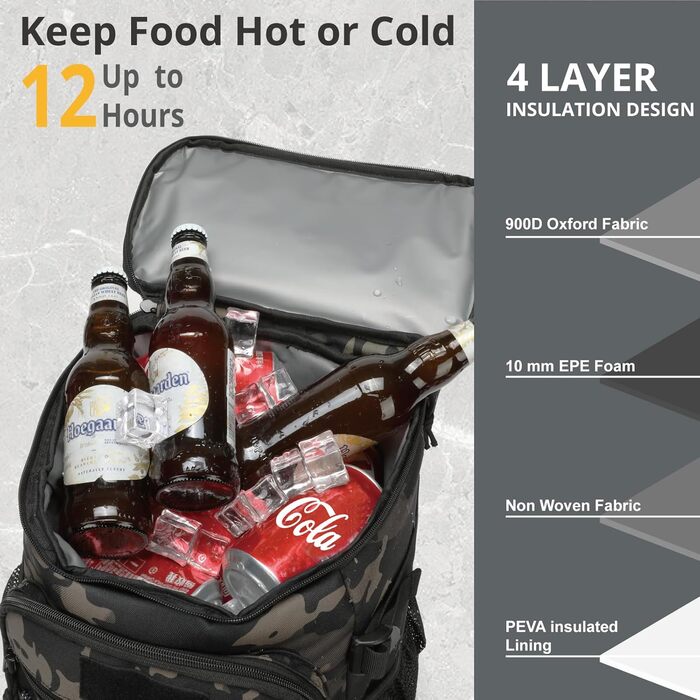 Тактичний рюкзак-холодильник 25L, витримує витоки, міцний, великий ланч-рюкзак, водонепроникний, для чоловіків, жінок, роботи, подорожей, кемпінгу, пляжу та піших прогулянок, чорний камуфляж