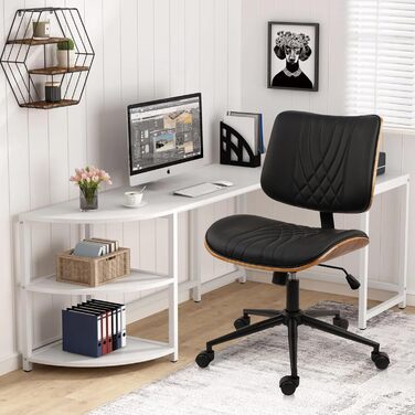 Крісло офісне без підлокітників Clatina з роликами, регульоване по висоті, шкіряне, поворотне, для комп'ютера, середньою спинкою, сучасний стиль горіх, для home office, робочого кабінету, конференц-залу, біле (чорне), 1 шт.