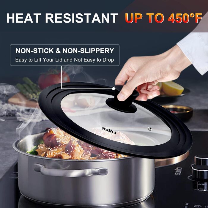 Універсальна кришка для каструль та сковорідок Walfos зі скляним куполом та силіконовим обідком, Ø 33, 36, 38 см, термостійка, чорна