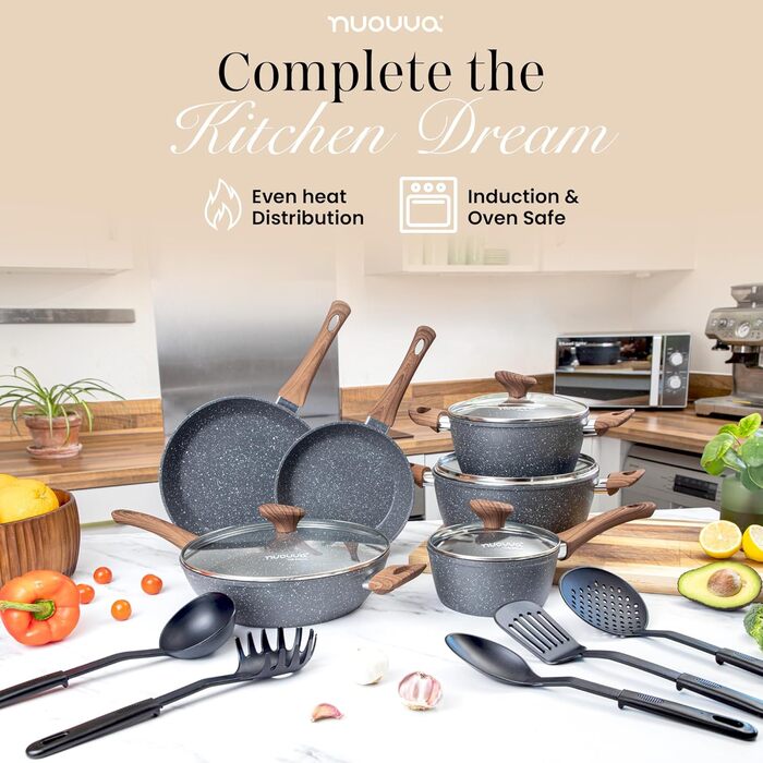 Набір каструль та сковорідок з антипригарним покриттям Nuovva - 15 предметів, з кришками, для індукційних плит, з гранітним покриттям