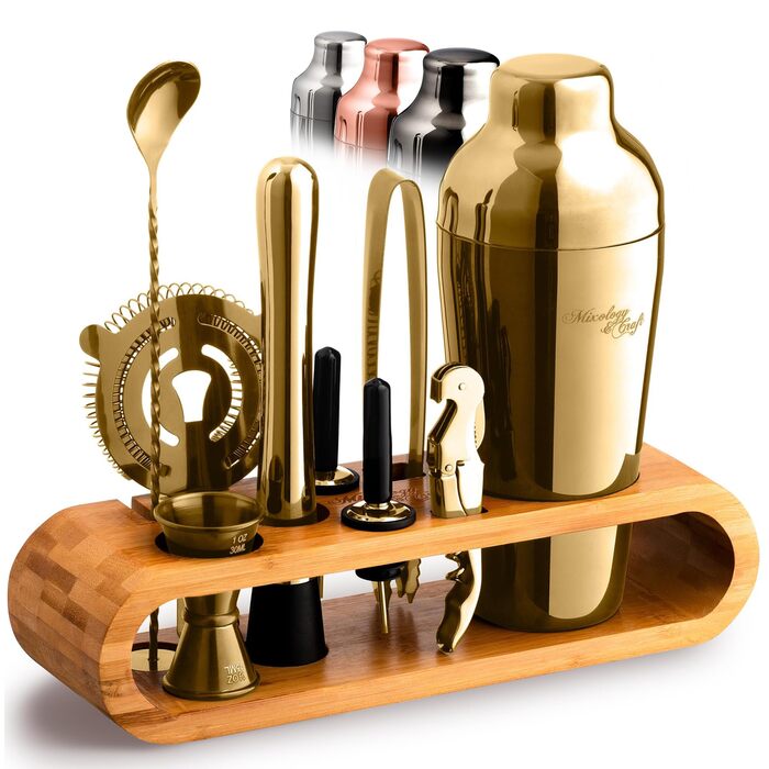 Набір для коктейлів та міксології Edles (10 предметів) - шейкер з нержавіючої сталі, баргарні аксесуари в дерев'яній підставці з бамбука - подарунковий набір, золотий/натуральний бамбук