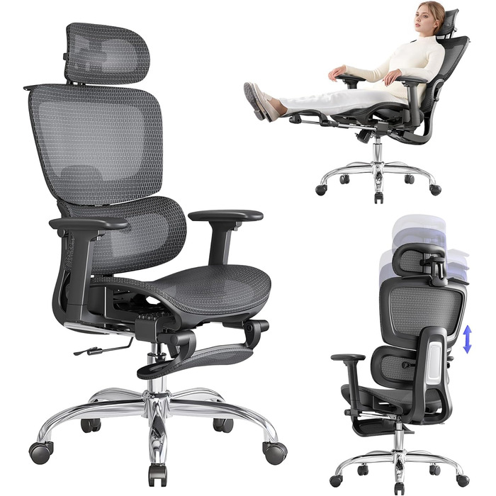 Ергономічне крісло для офісу з підніжкою та подушкою для шиї, 5-рівневе регулювання спинки, 2D підтримка попереку, 3D підлокітники/підголівник, функція нахилу 145°, сітчасте сидіння, гумові колеса (Чорний, Lite)