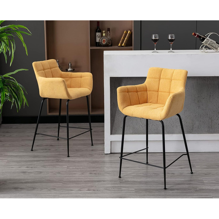 Набір барних стільців, сучасний дизайн, металеві ніжки, товсте фrotте сидіння, вигнута спинка, для кухні, кафе, ресторану, вітальні, зелений (2), жовтий