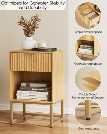 Приліжкові столики з відкритою полицею, журнальний столик для спальні та вітальні (горіх) (40 x 30 x 60 см, фініш з текстурованої дуба)