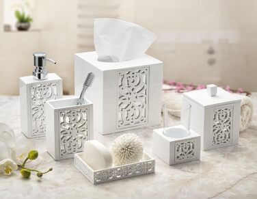 Набір аксесуарів для ванної кімнати Creative Scents – білий та сірий. 4 предмети: дозатор для мила, мильниця, тримач для зубних щіток, чашка.