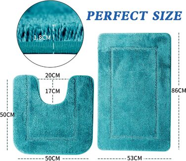 Килимок для ванної SOANNY, набір з 2 предметів, м'який нековзний килимок для ванної з мікрофібри високої щільності, килимок для ванної 53x86 см і килимок для унітазу 50x50 см, килимок для душа(50X50 і 53X86 см, Бірюзовий)
