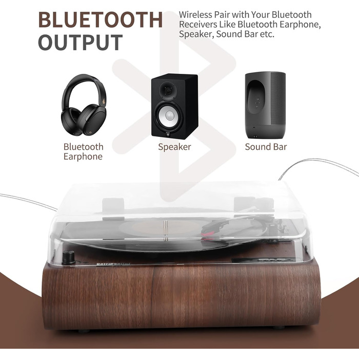 Вініловий програвач Plattenspieler з Bluetooth, FM-радіо, вбудованими динаміками, LED-дисплеєм, USB/SD, кодуванням MP3, дерев'яний ретро LP-плеєр