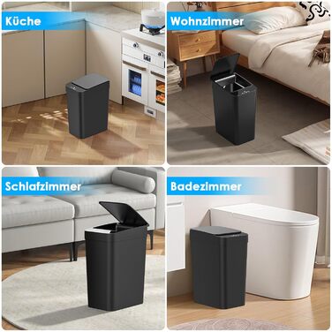 Набір сміттєвих відер Dreamhigh 2 шт. з сенсором, 15L та 12L, електричні, з автоматичним відкриванням кришки, смарт-відра з 3 режимами відкривання, тихі та водонепроникні для кухні, ванної, офісу, вітальні, чорного кольору