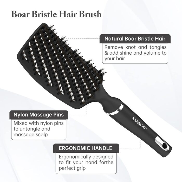 Щітка Kaiercat Boar Hair Brush - розплутує густе волосся, швидше висихає, 100 натуральна щетина (чорна)