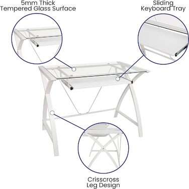 Комп'ютерний стіл Flash Furniture Комп'ютерний скляний стіл з висувним підносом для клавіатури та поперечною рамою Робочий стіл із виглядом вишневого дерева (Білий/Розкішний сад)