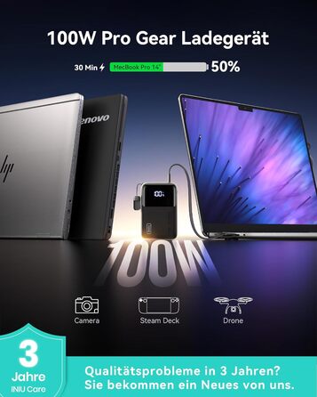 Портативний зарядний акумулятор INIU на 25000mAh, 100W, USB-C, для ноутбуків, телефонів, iPad, DJI, камер, iPhone 17/16/15/14, чорний