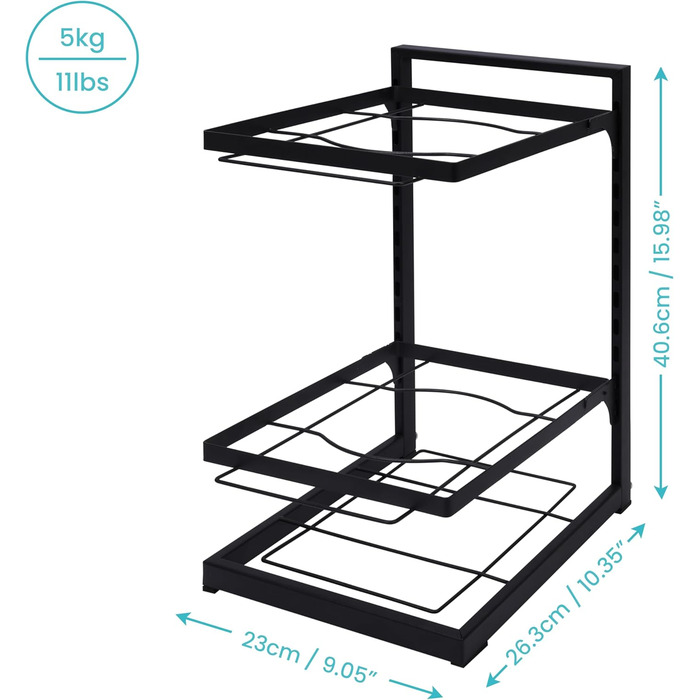 Рівневий регульований по висоті металевий органайзер для сковороди та кришки від горщиків, чорний, 3-