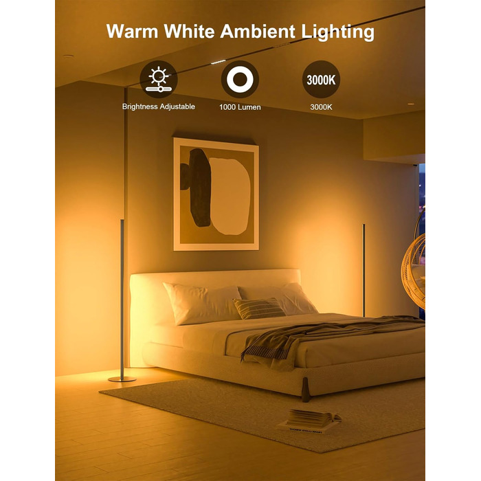 LED торшер для вітальні, білий з пультом ДУ, RGB 16 млн кольорів, синхронізація з музикою, 140 см, кутова лампа для ТВ, спальні, ігрової кімнати