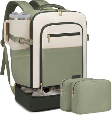 LOVEVOOK Рюкзак для ручної поклажі 40L з окремим відділенням для взуття, жіночий, для подорожей (3 шт.) Бежевий, Зелений