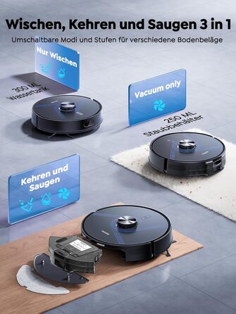 Робот-пилосос Vyzzle з вологою тканиною 5500 Па, док-станція 3.5л, для шерсті тварин, килимове покриття, керування через додаток, голосове керування Alexa & Google Assistant (Чорний)