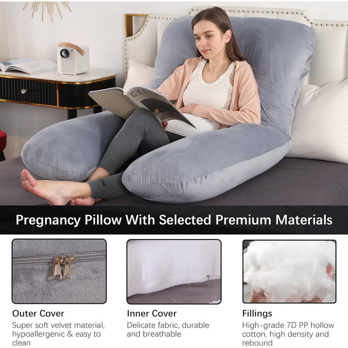 Подушка для вагітних Vlio U-подібної форми, 145x70 см, сіра. Знімний та пральний оксамитовий чохол.