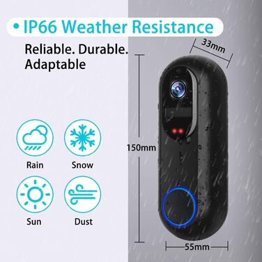 Відеодзвінок UCOCARE з камерою, 2K HD, Wi-Fi, ширококутний об'єктив, нічне бачення, водонепроникний IP66, підтримка SD/Cloud-пам'яті