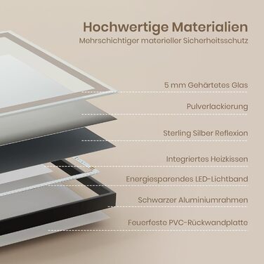 Дзеркало для ванної кімнати EMKE з підсвіткою 70x50 см, чорне, з сенсорним керуванням, регулюванням яскравості, протитуманним покриттям, годинником, функцією пам'яті та нейтральним світлом 4300K, енергозберігаюче, вологостійке (IP44)