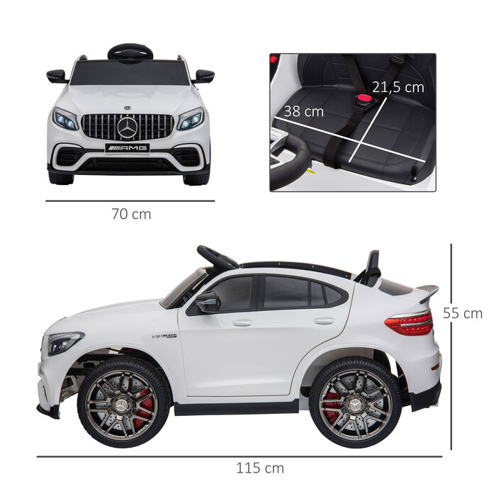Дитячий електромобіль HOMCOM Mercedes-Benz AMG GLC63S COUPE, ліцензована модель, 12V, з пультом дистанційного керування, ременем безпеки, 2 x 35W двигуни, MP337-60, білий, розміри: 115 x 70 x 55 см. (Для дітей віком 6-12 років)