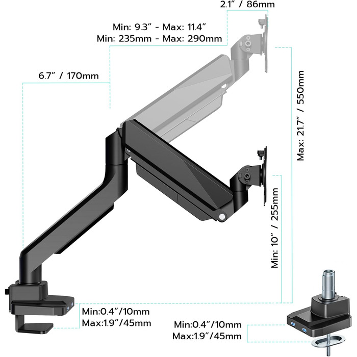 Кріплення для монітора ARES WING з USB A/C, 17'-45', регулювання висоти, максимальне навантаження 18 кг, VESA 75/100 мм, білий (чорний)