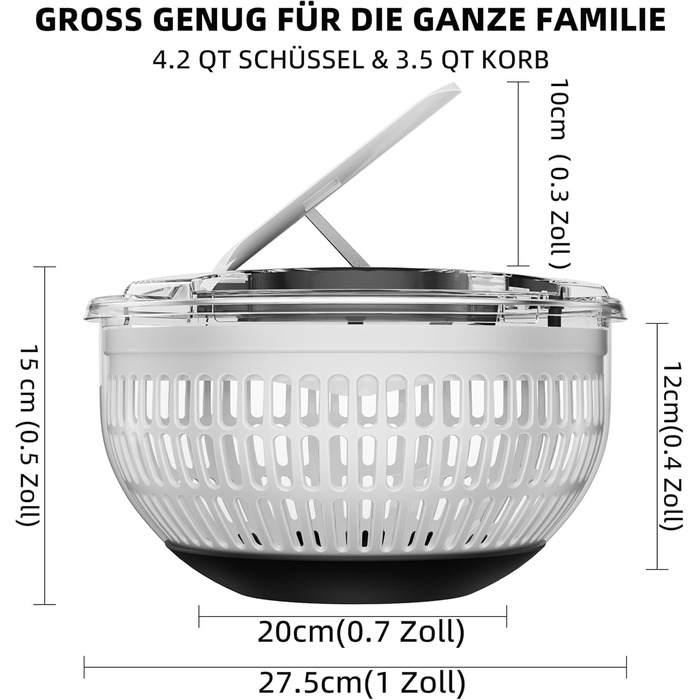Салатниця-швидкосушарка з нержавіючої сталі 4.2L з мискою та кришкою, для салатів, овочів, ягід