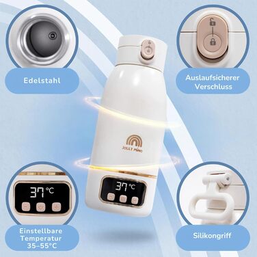 Jolly Mino: Портативний підігрівач пляшок 500 мл – Бездротовий, з нержавіючої сталі, для дитячого харчування та води – Ідеальний для подорожей, авто та літака