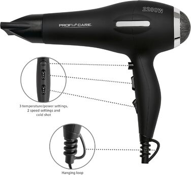 Фен ProfiCare, Електричний фен, Фен, Фен з м'яким на дотик корпусом і термозахистом, Cool-Shot, довжина кабелю 2 метри, професійний двигун змінного струму, 2200 Вт, Чорний, PC-HT 3017